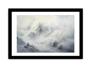 Misty white mountain canvas art for serene modern living room or bedroom decor.