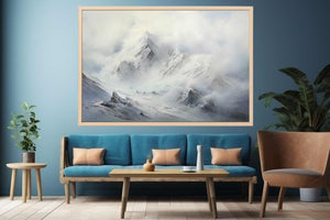 Misty white mountain canvas art for serene modern living room or bedroom decor.