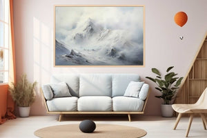 Misty white mountain canvas art for serene modern living room or bedroom decor.