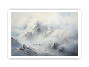 Misty white mountain canvas art for serene modern living room or bedroom decor.