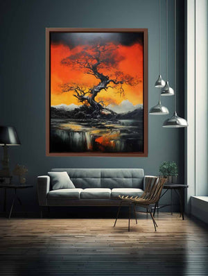 Dramatic black tree canvas art with orange sky for modern living room decor.
