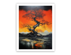 Dramatic black tree canvas art with orange sky for modern living room decor.