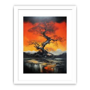Dramatic black tree canvas art with orange sky for modern living room decor.