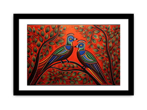Colorful Madhubani bird pair canvas art with leafy branches for vibrant home decor.