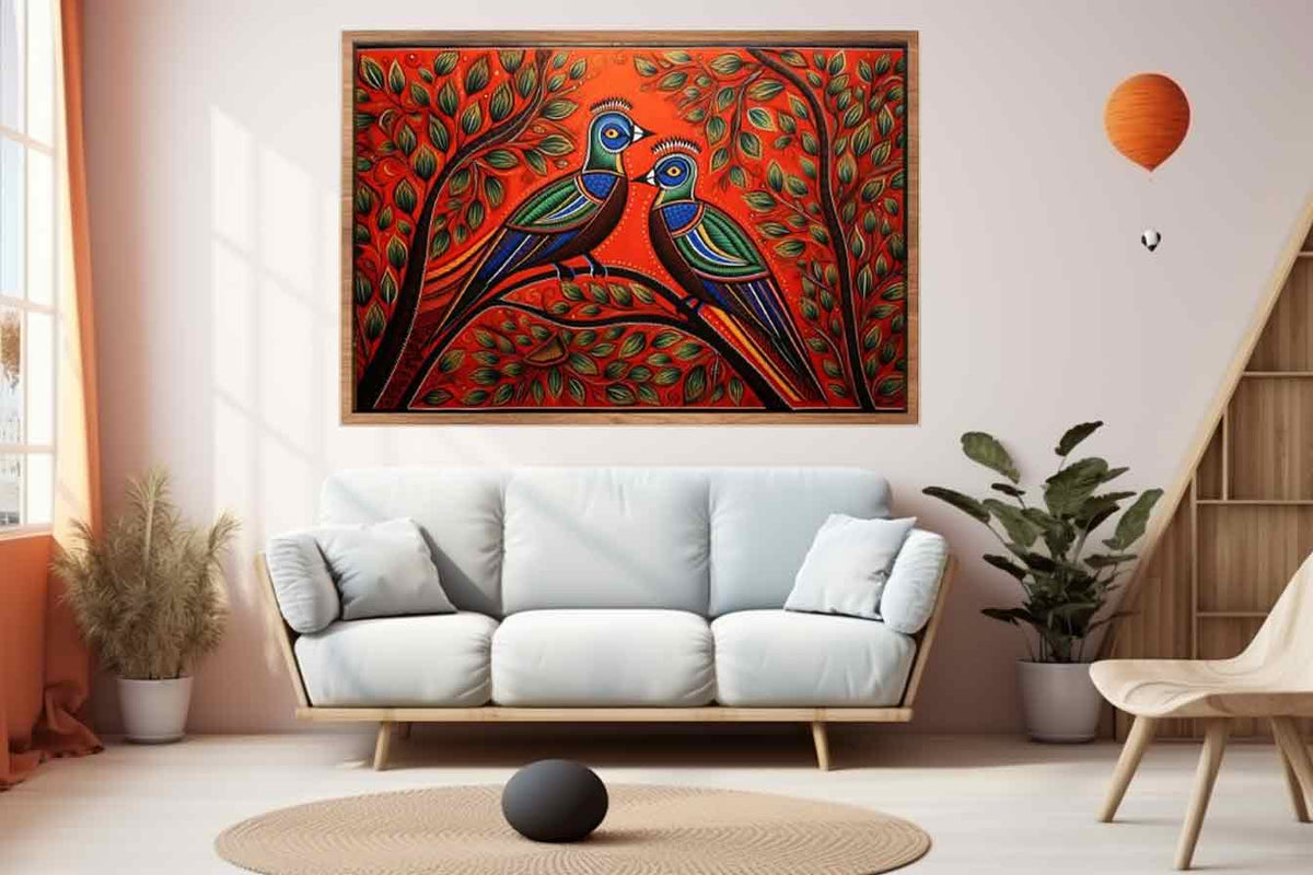 Colorful Madhubani bird pair canvas art with leafy branches for vibrant home decor.