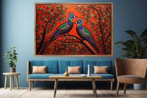 Colorful Madhubani bird pair canvas art with leafy branches for vibrant home decor.