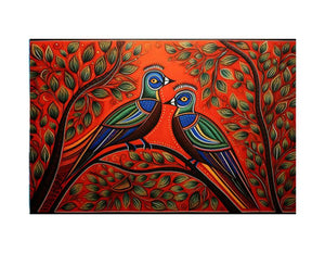 Colorful Madhubani bird pair canvas art with leafy branches for vibrant home decor.