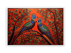 Colorful Madhubani bird pair canvas art with leafy branches for vibrant home decor.