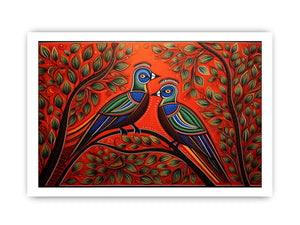Colorful Madhubani bird pair canvas art with leafy branches for vibrant home decor.