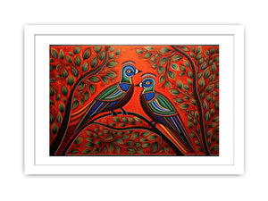Colorful Madhubani bird pair canvas art with leafy branches for vibrant home decor.