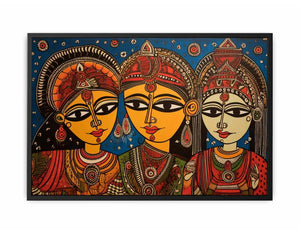 Three folk art queens with ornate jewelry in colorful Madhubani style canvas decor.