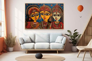 Three folk art queens with ornate jewelry in colorful Madhubani style canvas decor.
