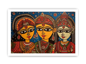 Three folk art queens with ornate jewelry in colorful Madhubani style canvas decor.