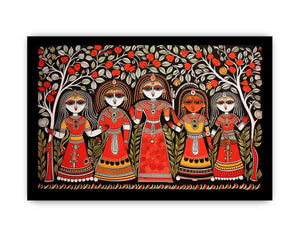 Group of folk art women under flowering trees in colorful Madhubani canvas decor.