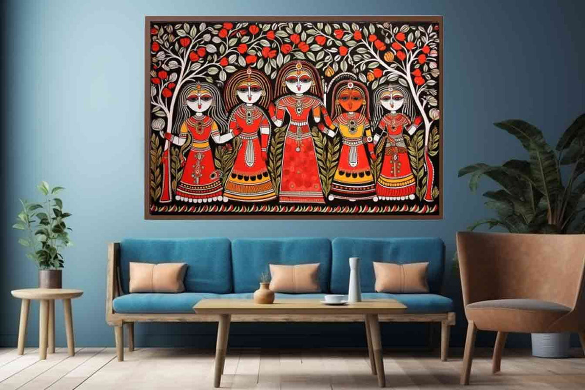 Group of folk art women under flowering trees in colorful Madhubani canvas decor.