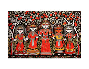 Group of folk art women under flowering trees in colorful Madhubani canvas decor.
