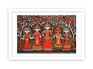 Group of folk art women under flowering trees in colorful Madhubani canvas decor.
