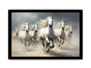 White horse herd running through dust canvas art for elegant living room or office decor.