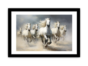 White horse herd running through dust canvas art for elegant living room or office decor.