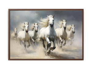 White horse herd running through dust canvas art for elegant living room or office decor.