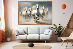 White horse herd running through dust canvas art for elegant living room or office decor.
