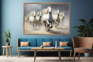White horse herd running through dust canvas art for elegant living room or office decor.