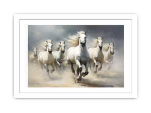 White horse herd running through dust canvas art for elegant living room or office decor.