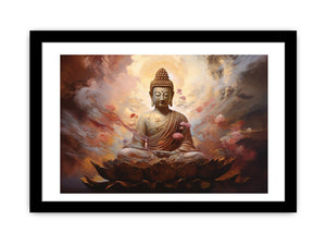 Serene Buddha on lotus canvas art with warm clouds for peaceful meditation room decor.