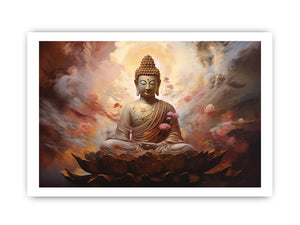 Serene Buddha on lotus canvas art with warm clouds for peaceful meditation room decor.