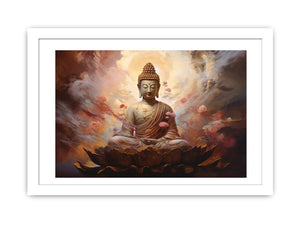 Serene Buddha on lotus canvas art with warm clouds for peaceful meditation room decor.