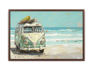 Vintage mint green camper van with a surfboard on its roof beside turquoise ocean waves, painted in a retro coastal style.