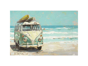 Vintage mint green camper van with a surfboard on its roof beside turquoise ocean waves, painted in a retro coastal style.