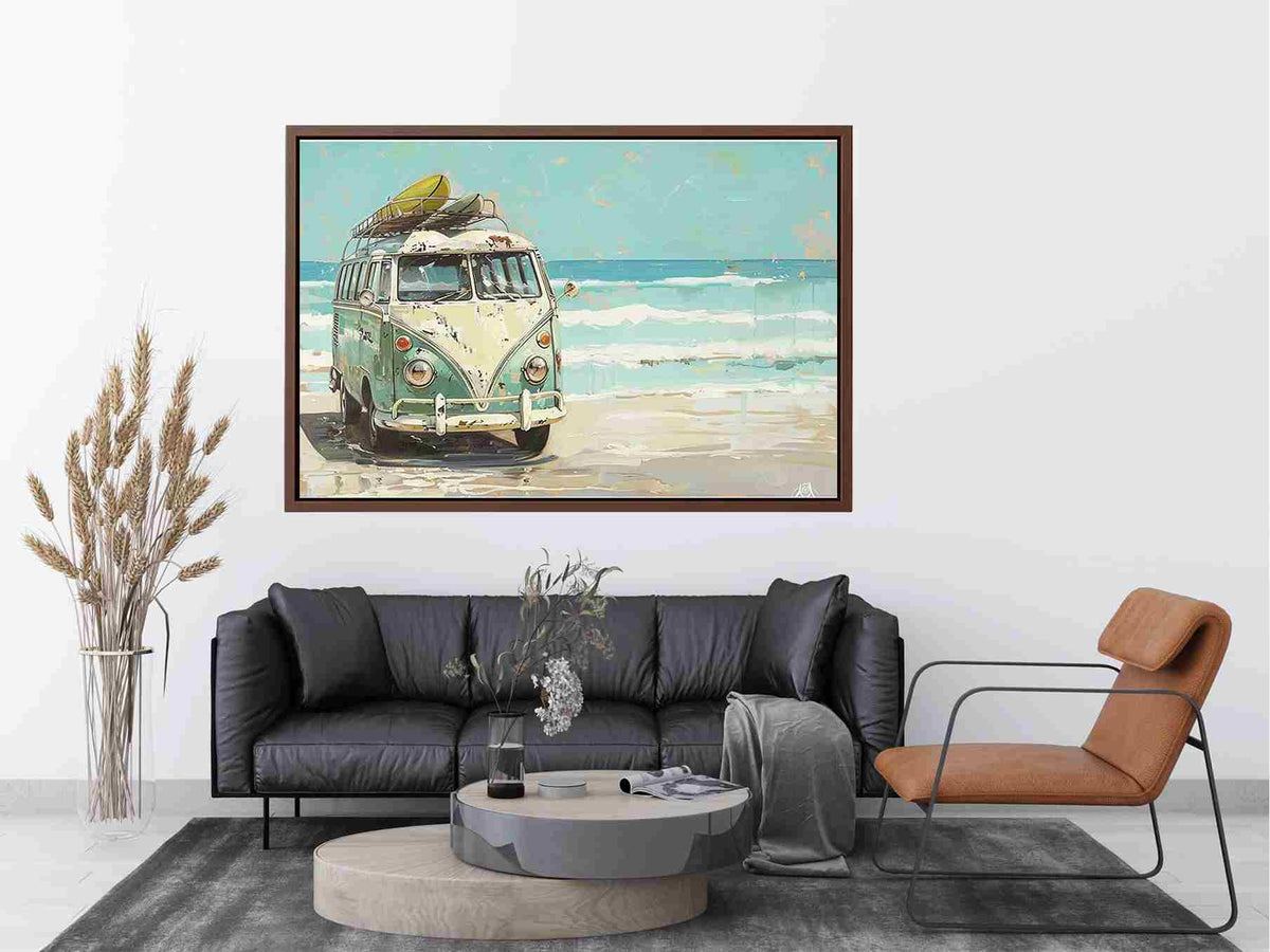Vintage mint green camper van with a surfboard on its roof beside turquoise ocean waves, painted in a retro coastal style.