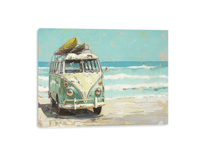 Vintage mint green camper van with a surfboard on its roof beside turquoise ocean waves, painted in a retro coastal style.