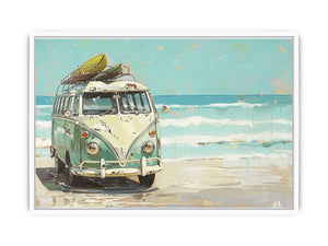 Vintage mint green camper van with a surfboard on its roof beside turquoise ocean waves, painted in a retro coastal style.