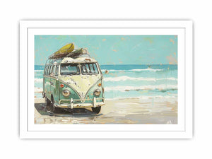 Vintage mint green camper van with a surfboard on its roof beside turquoise ocean waves, painted in a retro coastal style.