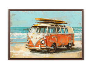 Vintage orange and cream camper van with a yellow surfboard on its roof beside turquoise ocean waves in retro coastal style.