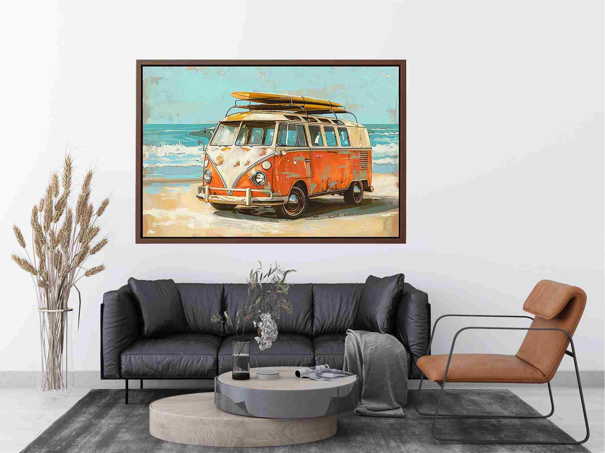 Vintage orange and cream camper van with a yellow surfboard on its roof beside turquoise ocean waves in retro coastal style.