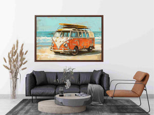 Vintage orange and cream camper van with a yellow surfboard on its roof beside turquoise ocean waves in retro coastal style.