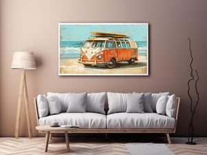 Vintage orange and cream camper van with a yellow surfboard on its roof beside turquoise ocean waves in retro coastal style.