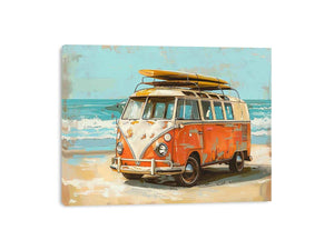 Vintage orange and cream camper van with a yellow surfboard on its roof beside turquoise ocean waves in retro coastal style.