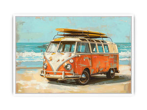 Vintage orange and cream camper van with a yellow surfboard on its roof beside turquoise ocean waves in retro coastal style.