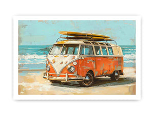 Vintage orange and cream camper van with a yellow surfboard on its roof beside turquoise ocean waves in retro coastal style.