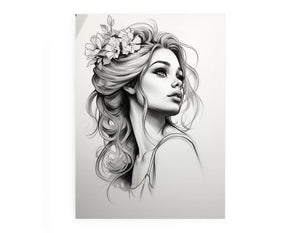 Blooming Muse fashion portrait drawing canvas art for bedroom or dressing area decor.