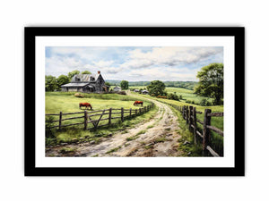 Pasture Road farmhouse watercolor canvas art for country living room or hallway decor.