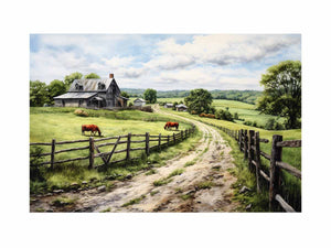 Pasture Road farmhouse watercolor canvas art for country living room or hallway decor.