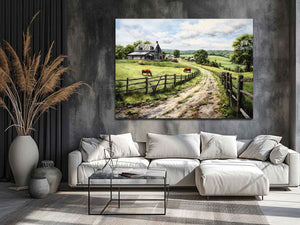 Pasture Road farmhouse watercolor canvas art for country living room or hallway decor.