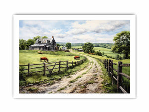 Pasture Road farmhouse watercolor canvas art for country living room or hallway decor.