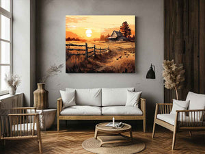 Golden Homestead rustic landscape illustration canvas art for farmhouse living room or dining space decor.