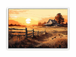 Golden Homestead rustic landscape illustration canvas art for farmhouse living room or dining space decor.